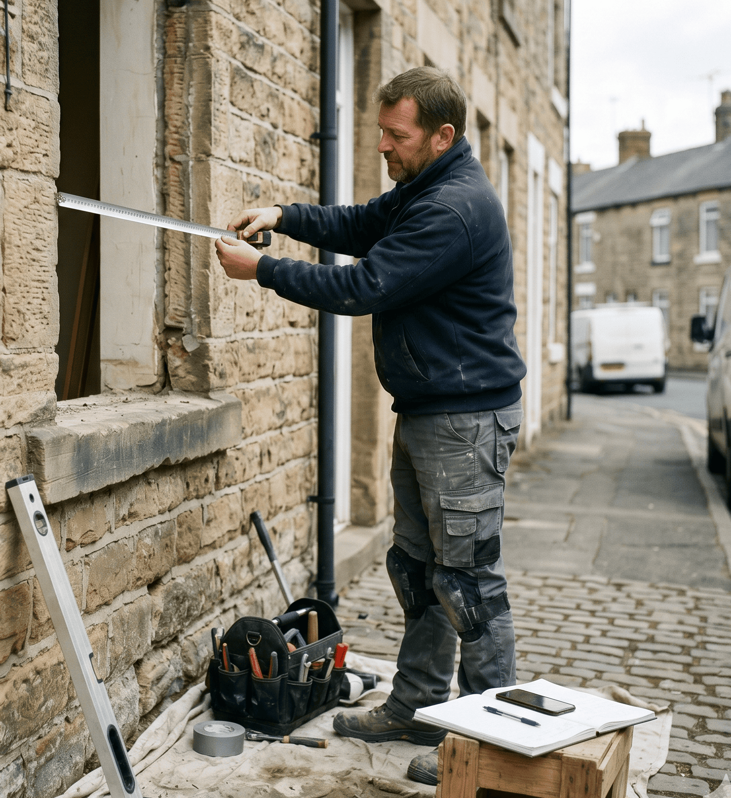 measure uPVC windows showing a trades person installing windows in uk stone built house