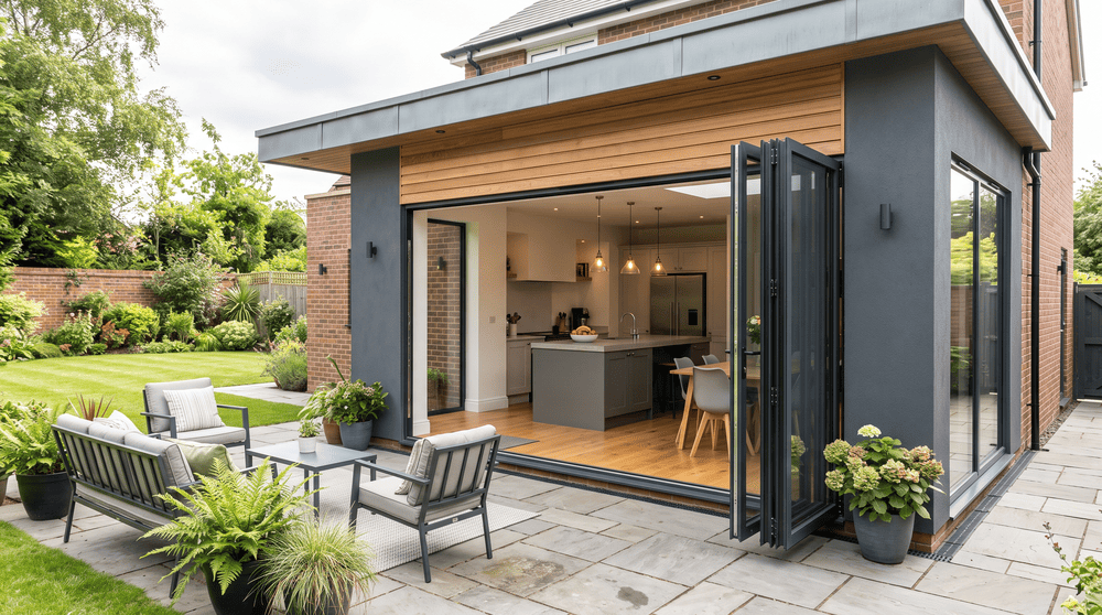 Aluminium bifold doors prices guide showing modern aluminium bifold doors on a UK home extension