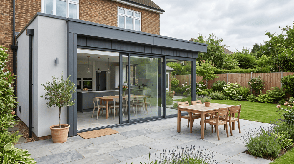 aluminium-patio-doors-inline-vs-lift-and-slide-guide (1) Aluminium patio doors on a UK home extension showing slim sliding doors for trade installers